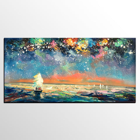 Palette Knife Painting, Impasto Painting, Starry Night Sky Painting, Landscape Canvas Painting for Dining Room, Custom Large Original Painting-HomePaintingDecor