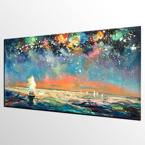 Palette Knife Painting, Impasto Painting, Starry Night Sky Painting, Landscape Canvas Painting for Dining Room, Custom Large Original Painting-HomePaintingDecor