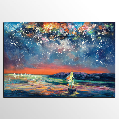 Custom Large Oil Painting, Large Canvas Art Painting, Sail Boat under Starry Night Painting-HomePaintingDecor