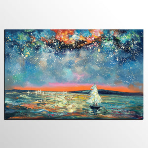 Large Canvas Art Painting, Custom Large Oil Painting, Sail Boat under Starry Night Painting-HomePaintingDecor