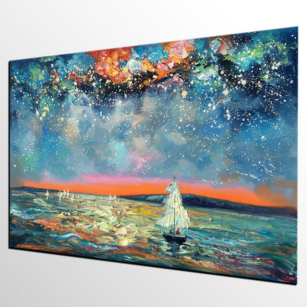 Large Canvas Art Painting, Custom Large Oil Painting, Sail Boat under Starry Night Painting-HomePaintingDecor