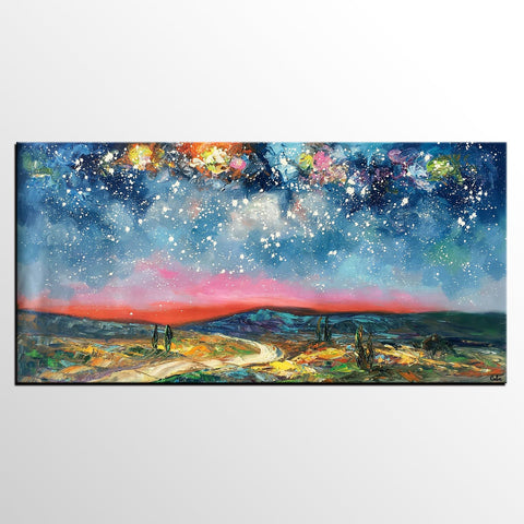 Custom Extra Large Painting, Starry Night Sky Painting, Original Landscape Painting, Canvas Painting for Dining Room-HomePaintingDecor