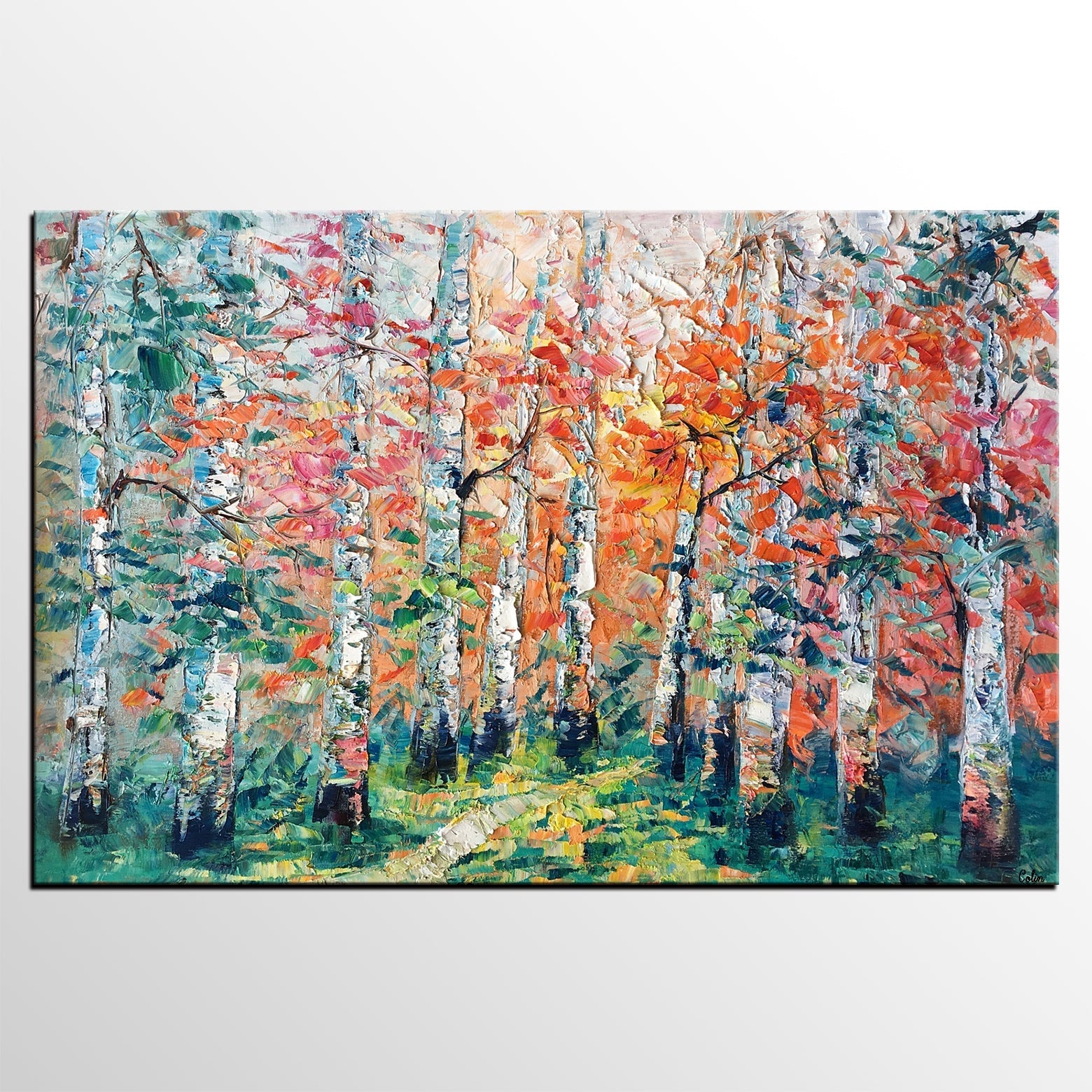 Abstract Landscape Painting, Custom Canvas Painting for Living Room, Heavy Texture Canvas Painting, Autumn Birch Tree-HomePaintingDecor