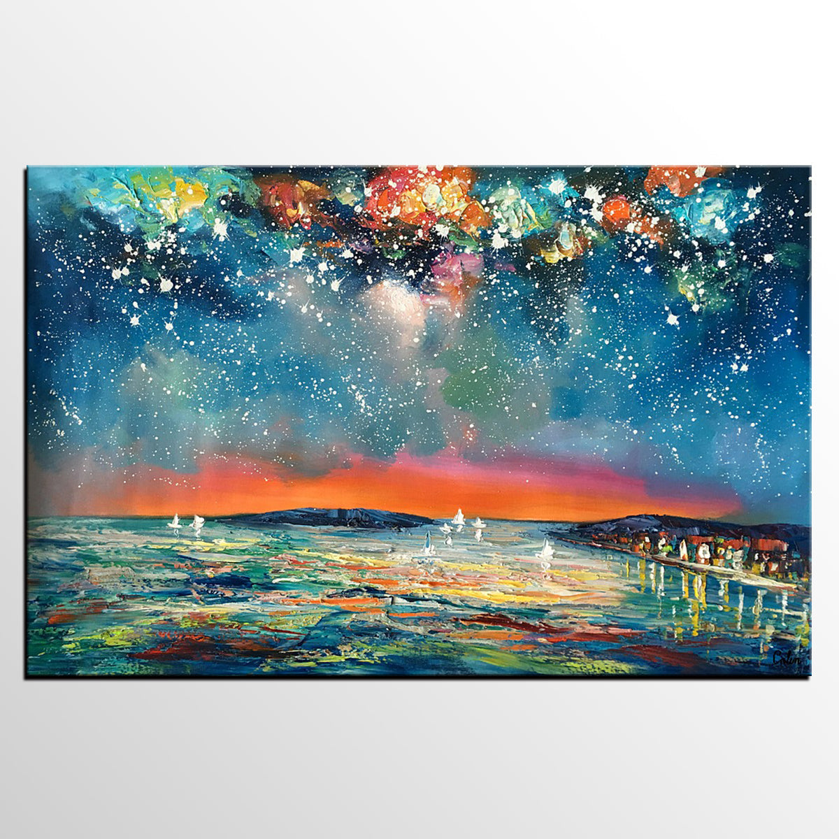 Buy Art Online, Abstract Art for Sale, Sail Boat under Starry Night Sky Painting, Custom Art-HomePaintingDecor