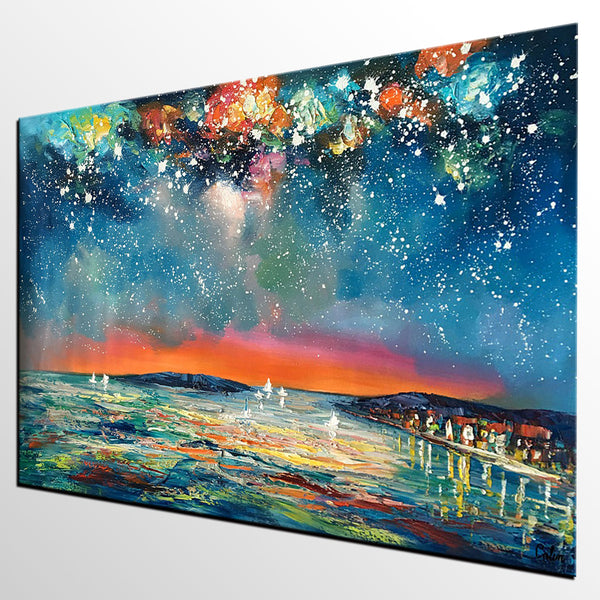 Buy Art Online, Abstract Art for Sale, Sail Boat under Starry Night Sky Painting, Custom Art-HomePaintingDecor