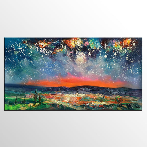 Canvas Painting for Dining Room, Custom Extra Large Painting, Starry Night Sky Painting, Original Landscape Painting-HomePaintingDecor