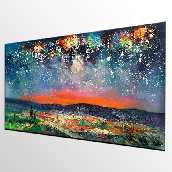 Canvas Painting for Dining Room, Custom Extra Large Painting, Starry Night Sky Painting, Original Landscape Painting-HomePaintingDecor