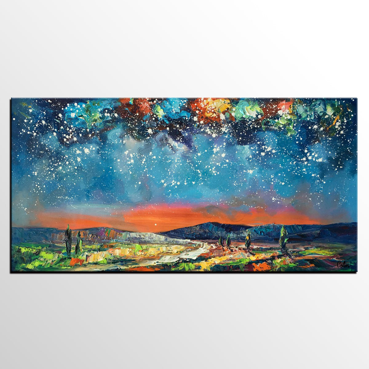 Canvas Painting for Bedroom, Starry Night Sky Painting, Custom Landscape Painting-HomePaintingDecor