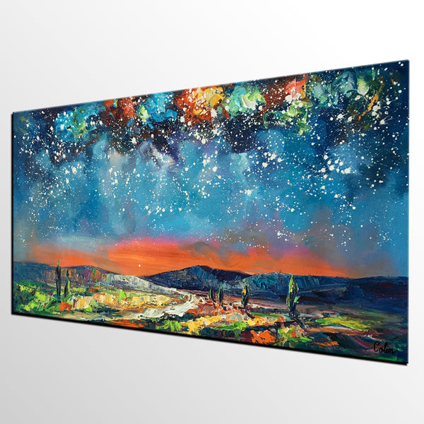 Canvas Painting for Bedroom, Starry Night Sky Painting, Custom Landscape Painting-HomePaintingDecor