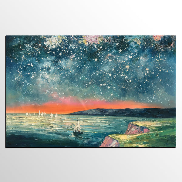 Heavy Texture Painting, Landscape Oil Painting, Starry Night Sky Painting, Custom Large Canvas Painting-HomePaintingDecor