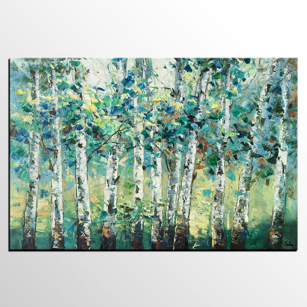 Heavy Texture Canvas Painting, Abstract Landscape Painting, Custom Canvas Painting, Autumn Birch Tree-HomePaintingDecor