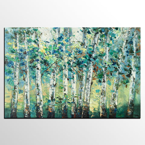 Heavy Texture Canvas Painting, Abstract Landscape Painting, Custom Canvas Painting, Autumn Birch Tree-HomePaintingDecor