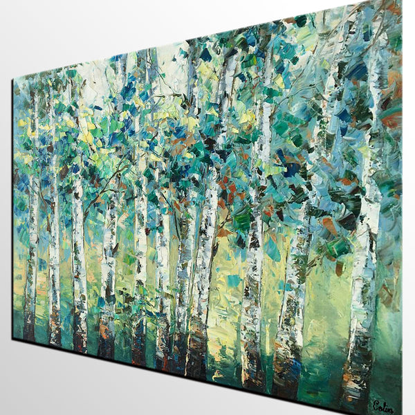 Heavy Texture Canvas Painting, Abstract Landscape Painting, Custom Canvas Painting, Autumn Birch Tree-HomePaintingDecor