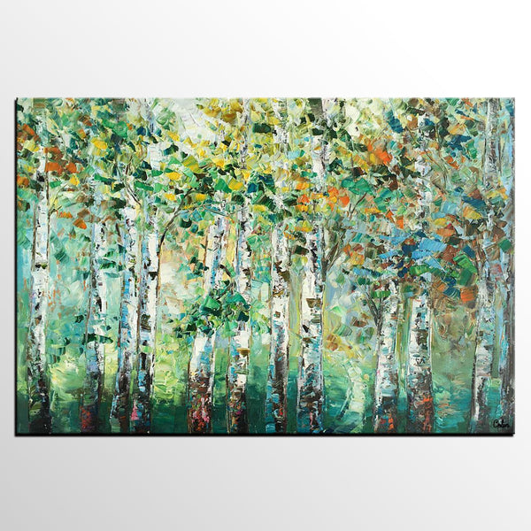 Heavy Texture Canvas Painting, Abstract Landscape Painting, Custom Canvas Painting, Autumn Birch Tree-HomePaintingDecor