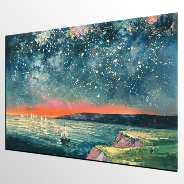 Heavy Texture Painting, Landscape Oil Painting, Starry Night Sky Painting, Custom Large Canvas Painting-HomePaintingDecor