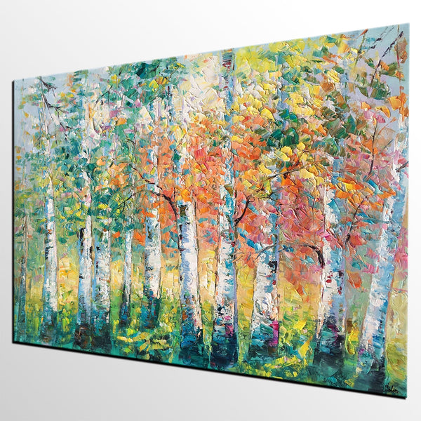 Landscape Oil Paintings, Birch Tree Painting, Large Wall Art Painting, Custom Oil Painting on Canvas, Wall Art Paintings for Sale-HomePaintingDecor