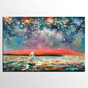 Landscape Canvas Painting, Sail Boat under Starry Night Sky, Canvas Painting for Sale, Custom Landscape Wall Art Paintings, Original Landscape Painting-HomePaintingDecor