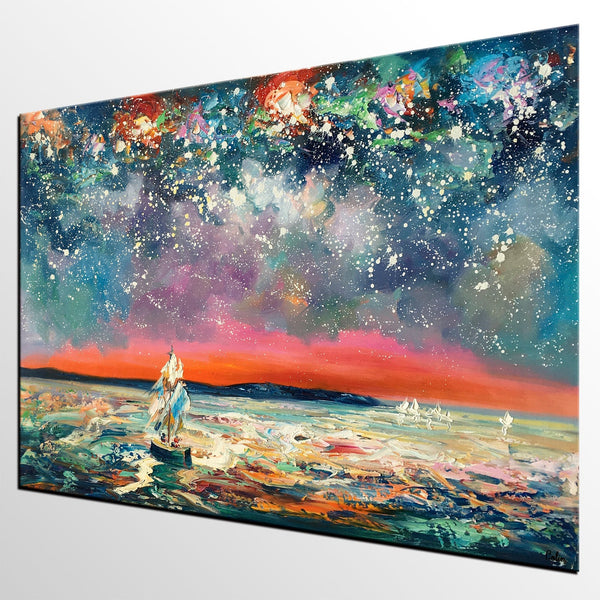 Landscape Canvas Painting, Sail Boat under Starry Night Sky, Canvas Painting for Sale, Custom Landscape Wall Art Paintings, Original Landscape Painting-HomePaintingDecor