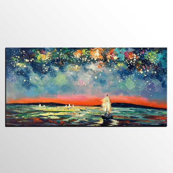 Sail Boat under Starry Night Sky Painting, Landscape Painting, Original Artwork, Custom Extra Large Canvas Painting-HomePaintingDecor