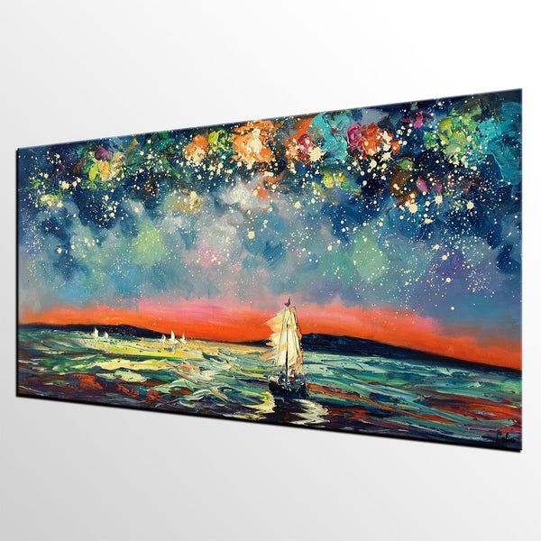 Sail Boat under Starry Night Sky Painting, Landscape Painting, Original Artwork, Custom Extra Large Canvas Painting-HomePaintingDecor