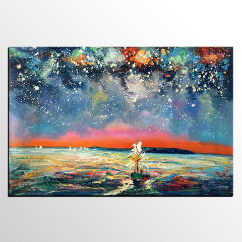 Canvas Painting, Abstract Art, Sail Boat under Starry Night Sky, Custom Landscape Wall Art, Original Painting-HomePaintingDecor