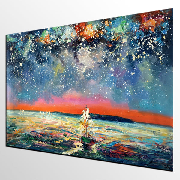 Canvas Painting, Abstract Art, Sail Boat under Starry Night Sky, Custom Landscape Wall Art, Original Painting-HomePaintingDecor