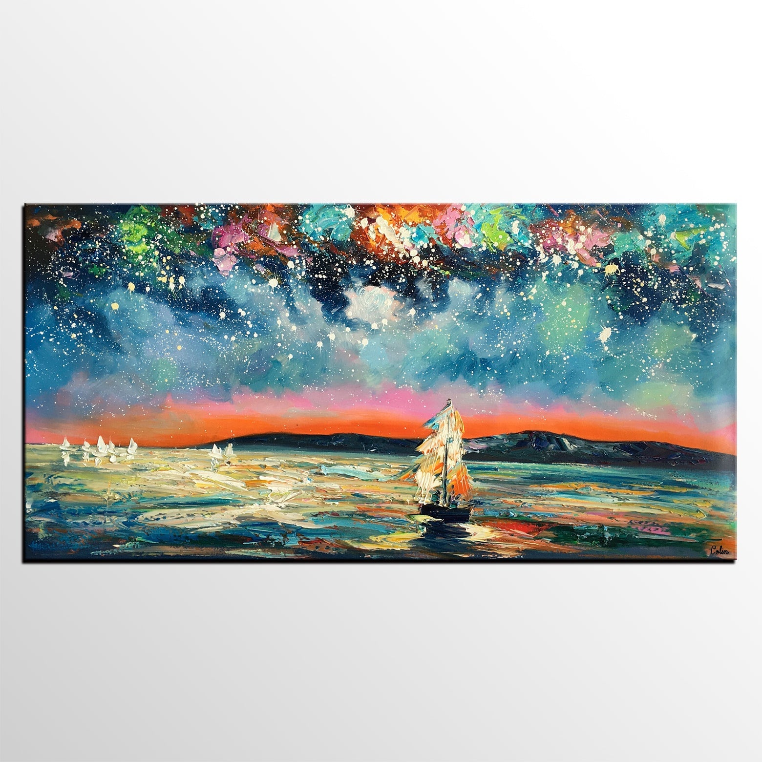 Landscape Wall Art Paintings, Starry Night Sky Painting, Original Canvas Painting, Custom Large Painting for Bedroom-HomePaintingDecor