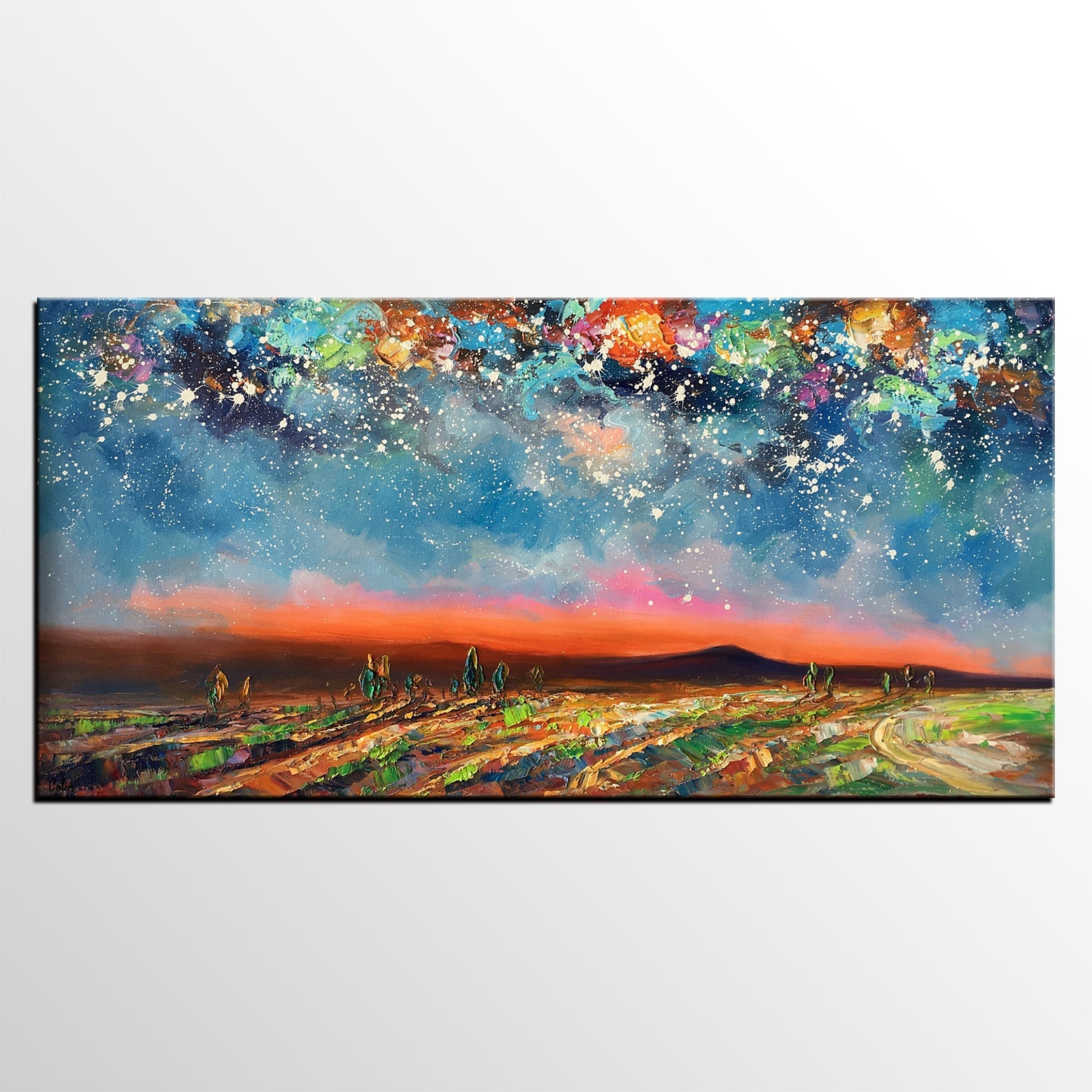 Starry Night Sky Painting, Custom Landscape Painting, Canvas Painting for Bedroom-HomePaintingDecor