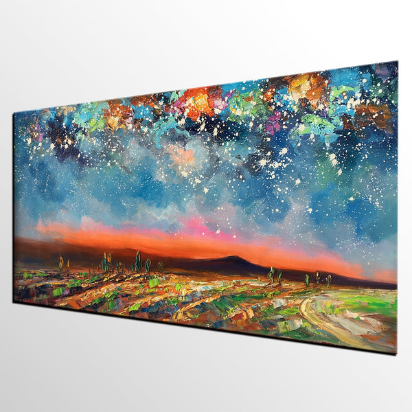 Starry Night Sky Painting, Custom Landscape Painting, Canvas Painting for Bedroom-HomePaintingDecor