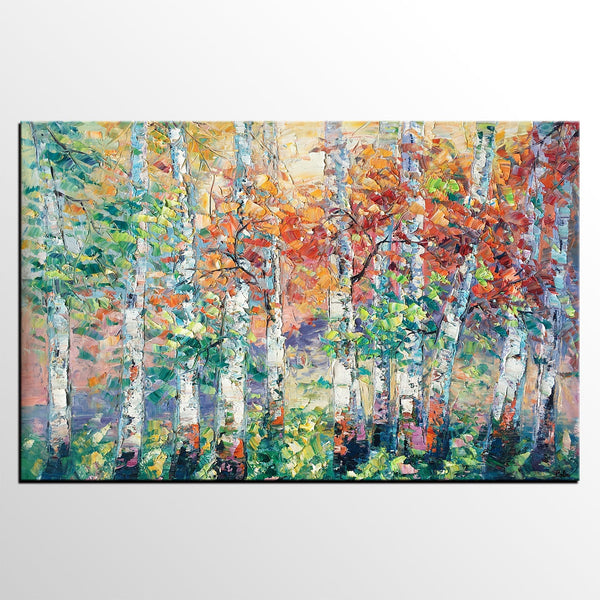 Autumn Paintings, Birch Tree Painting, Landscape Canvas Painting, Landscape Painting for Dining Room, Custom Canvas Painting-HomePaintingDecor