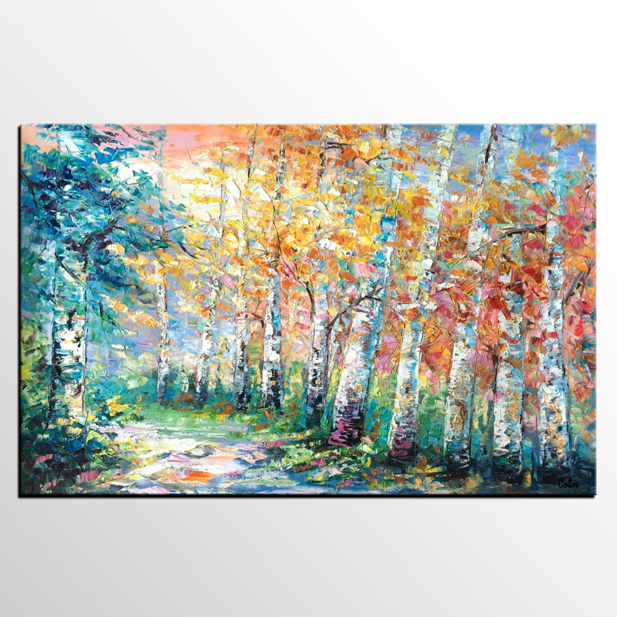 Landscape Painting, Canvas Painting, Birch Tree, Custom Large Abstract Art, Heavy Texture Art-HomePaintingDecor