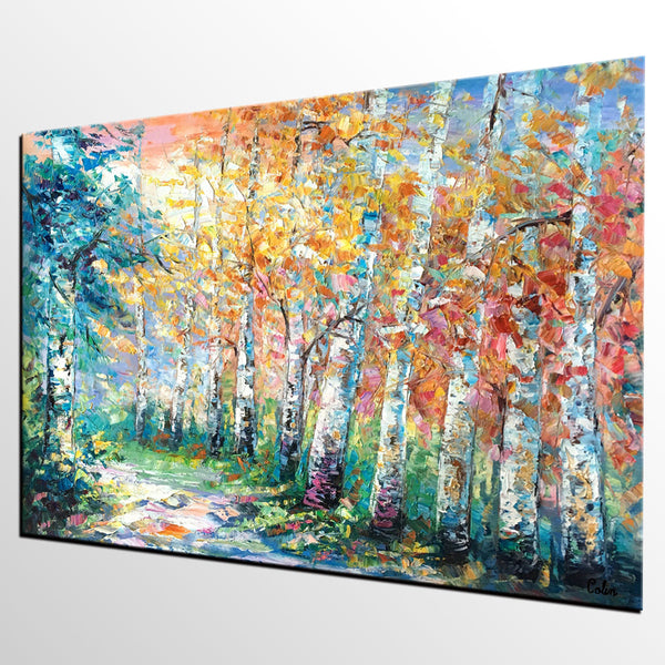 Landscape Painting, Canvas Painting, Birch Tree, Custom Large Abstract Art, Heavy Texture Art-HomePaintingDecor