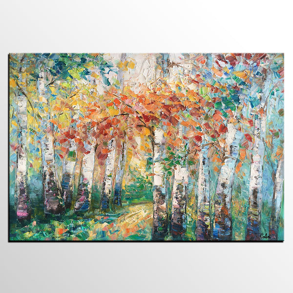 Autumn Birch Tree Painting, Heavy Texture Canvas Painting, Abstract Landscape Painting, Custom Canvas Painting for Dining Room-HomePaintingDecor