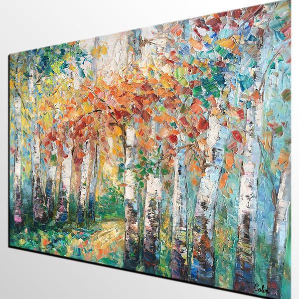 Autumn Birch Tree Painting, Heavy Texture Canvas Painting, Abstract Landscape Painting, Custom Canvas Painting for Dining Room-HomePaintingDecor