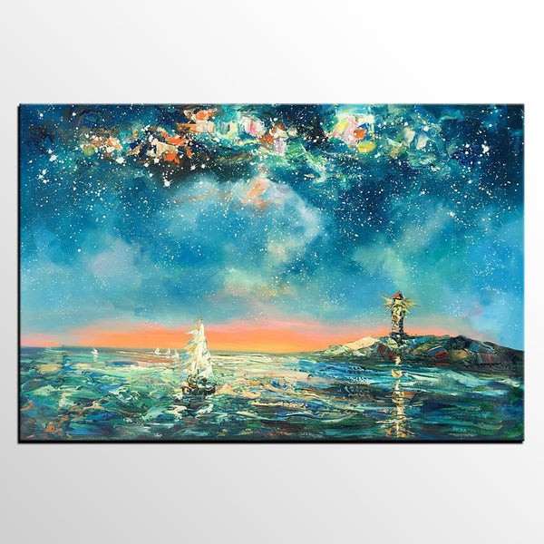 Canvas Painting, Abstract Art, Starry Night Light House Painting, Custom Landscape Wall Art, Original Painting-HomePaintingDecor