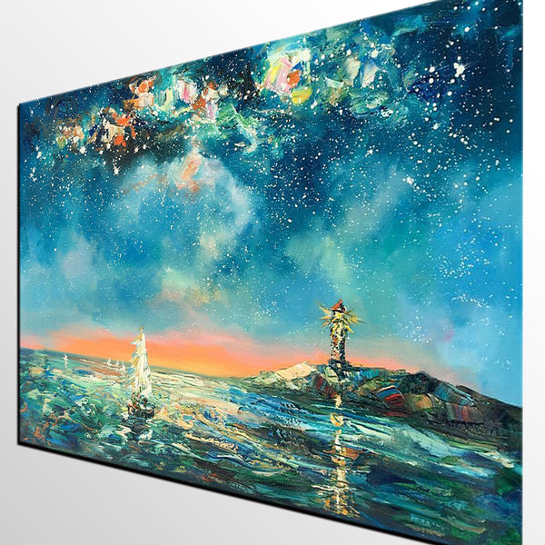 Canvas Painting, Abstract Art, Starry Night Light House Painting, Custom Landscape Wall Art, Original Painting-HomePaintingDecor