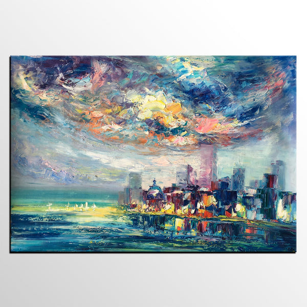 Cityscape Painting, Oil Painting on Canvas, Custom Landscape Canvas Painting, Heavy Texture Wall Art Paintings-HomePaintingDecor