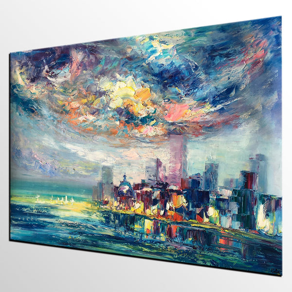 Cityscape Painting, Oil Painting on Canvas, Custom Landscape Canvas Painting, Heavy Texture Wall Art Paintings-HomePaintingDecor