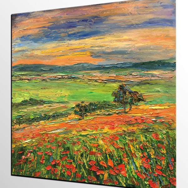 Landscape Painting on Canvas, Flower Field Painting, Heavy Texture Paintings, Custom Original Oil Painting, Living Room Wall Art Paintings-HomePaintingDecor