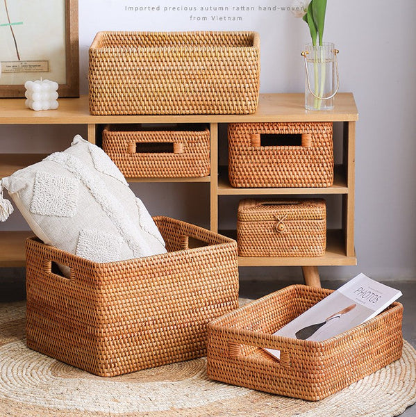 Woven Rattan Storage Baskets for Bedroom, Storage Basket for Shelves, Large Rectangular Storage Baskets for Clothes, Storage Baskets for Kitchen-HomePaintingDecor