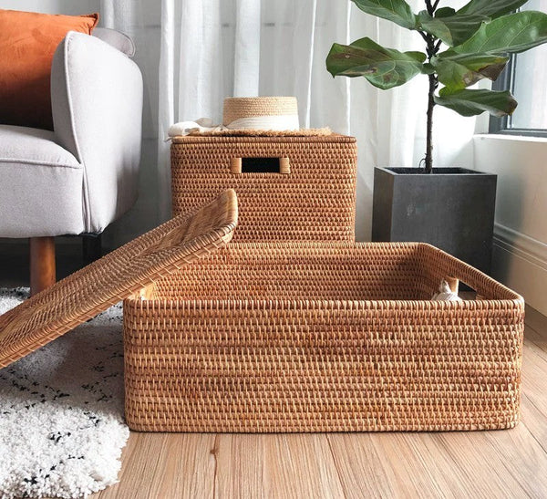 Laundry Storage Baskets for Bathroom, Rectangular Storage Baskets for Clothes, Wicker Storage Baskets for Shelves, Rattan Storage Baskets for Kitchen, Storage Basket with Lid-HomePaintingDecor