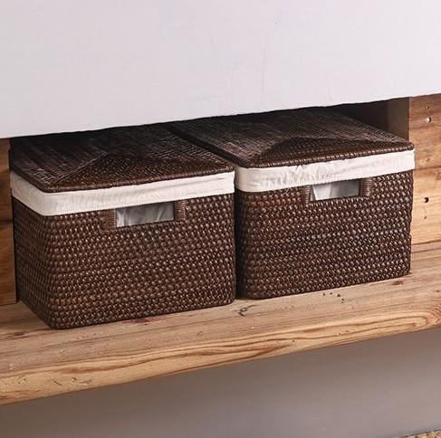 Storage Baskets for Clothes, Large Brown Rattan Storage Baskets, Storage Baskets for Bathroom, Rectangular Storage Baskets, Storage Basket with Lid-HomePaintingDecor