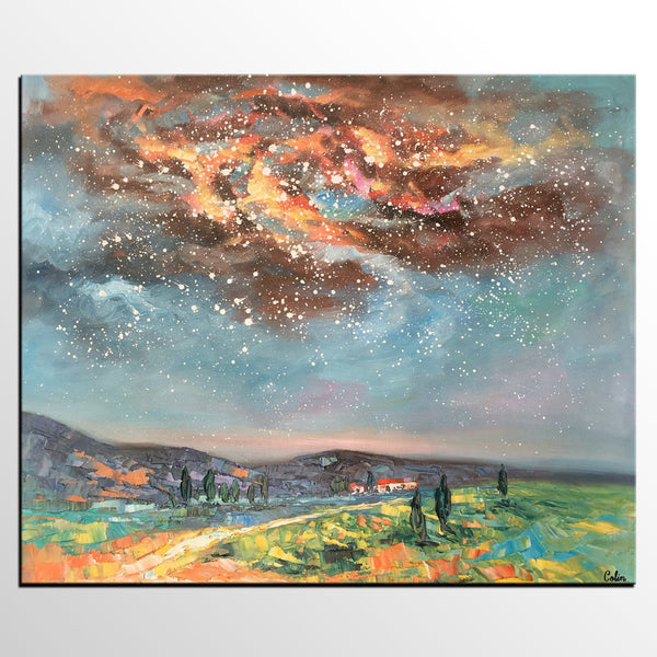 Landscape Oil Painting, Starry Night Sky Painting, Heavy Texture Painting, Custom Abstract Painting-HomePaintingDecor