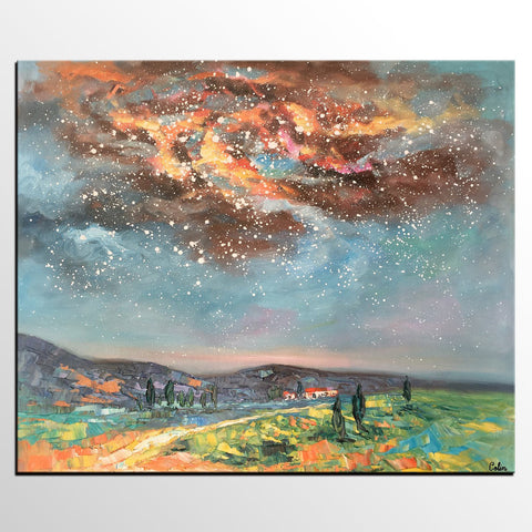 Landscape Oil Painting, Starry Night Sky Painting, Heavy Texture Painting, Custom Abstract Painting-HomePaintingDecor