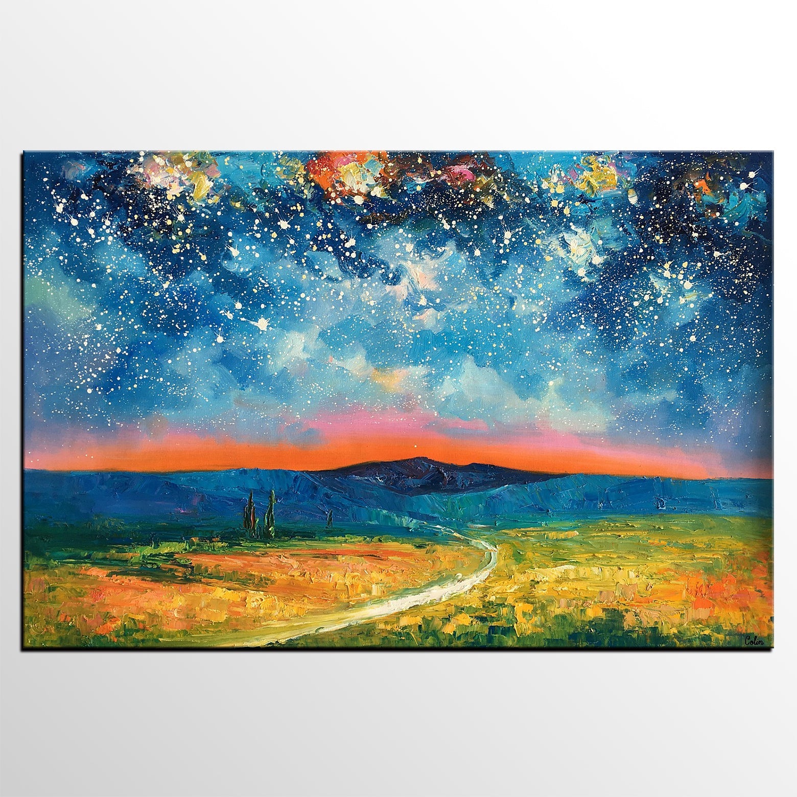 Heavy Texture Painting, Starry Night Sky Painting, Landscape Painting, Custom Large Canvas Art-HomePaintingDecor