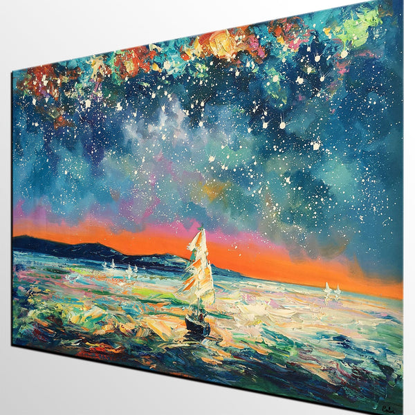 Modern Abstract Art, Oil Painting, Starry Night Sky, Landscape Painting, Bedroom Wall Art-HomePaintingDecor