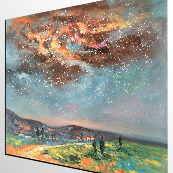 Landscape Oil Painting, Starry Night Sky Painting, Heavy Texture Painting, Custom Abstract Painting-HomePaintingDecor