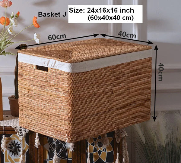 Oversized Rectangular Storage Basket with Lid, Woven Rattan Storage Basket for Shelves, Storage Baskets for Bedroom, Extra Large Storage Baskets for Clothes-HomePaintingDecor