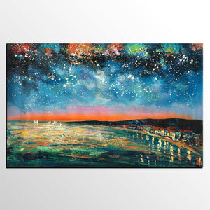 Landscape Painting, Starry Night Oil Painting, Original Wall Art, Custom Large Canvas Art-HomePaintingDecor