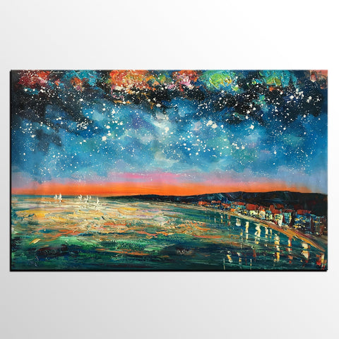 Landscape Painting, Starry Night Oil Painting, Original Wall Art, Custom Large Canvas Art-HomePaintingDecor